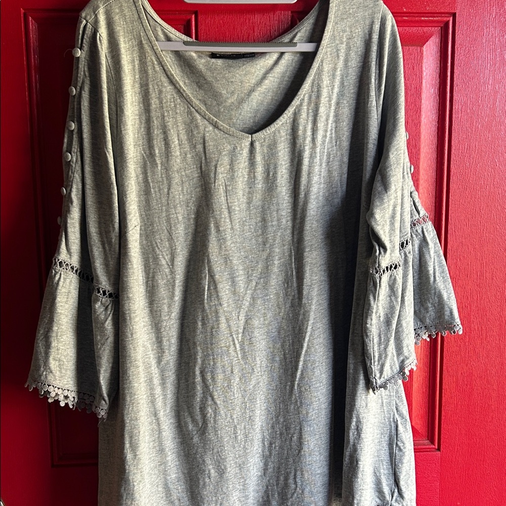 Vans Gray Blouse with Button and Lace Trim